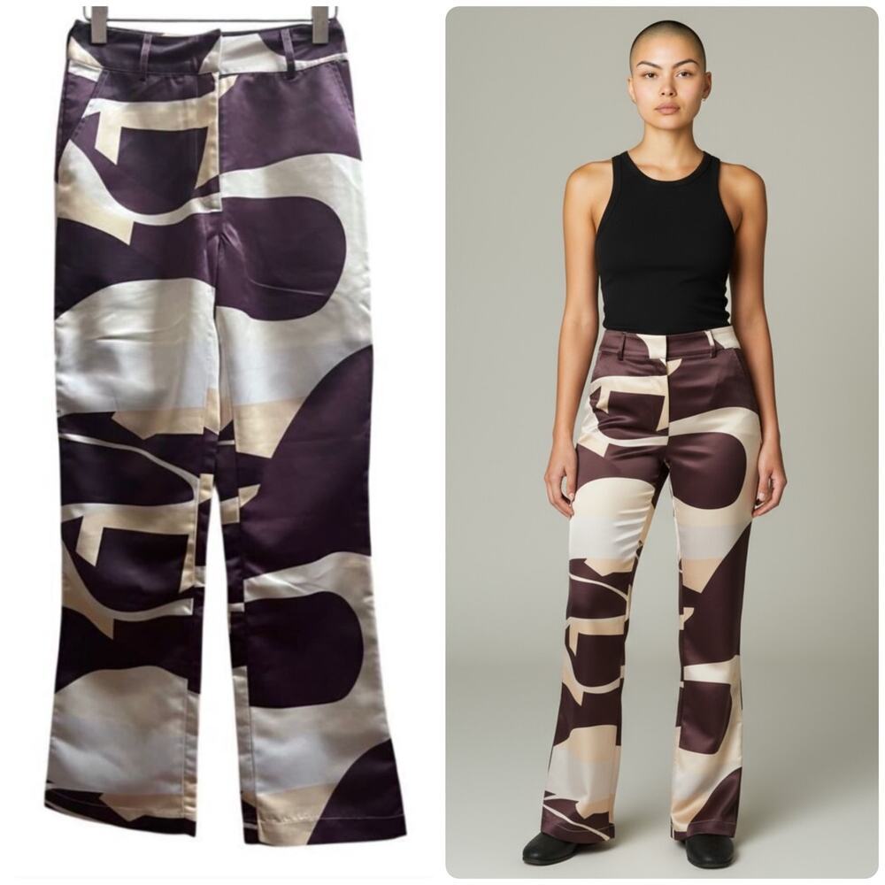 House of Sunny Highway Bold Print High Rise Satin Slight Flare Pant Size 4 - Picture 11 of 12